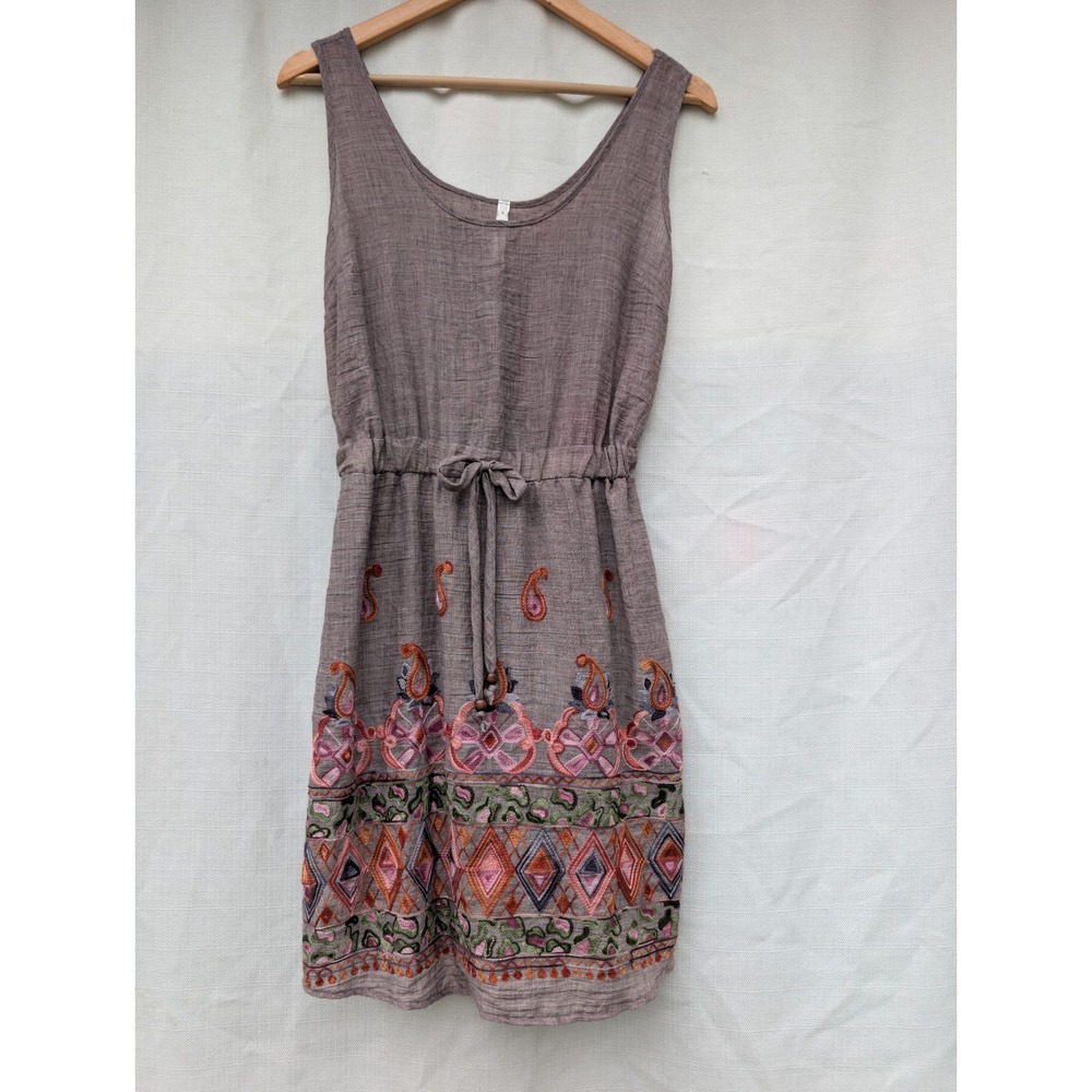 Peppermint Boho Dress Womens S Taupe Cotton Drawstring Embroidered Festival